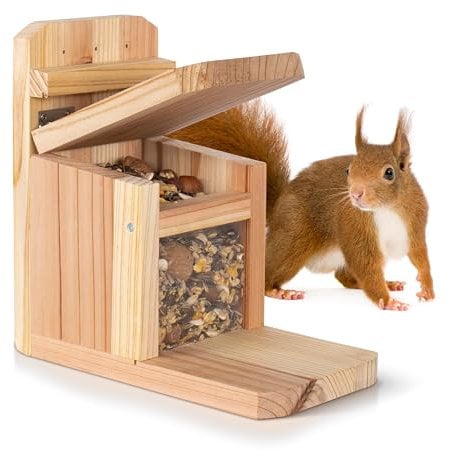 Waldfunk Eichhörnchen Futterstation – Wetterfestes Futterhaus aus Holz mit Belüftung, sicherer Klappmechanismus - FSC zertifziert