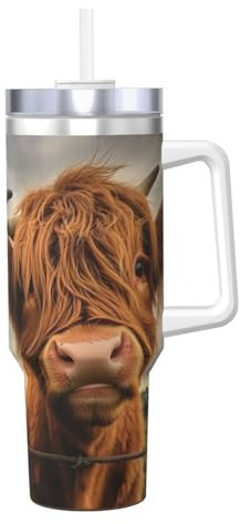 ZSUUGJ Highland Cow 40 Oz Tumbler With Handle And Straw Lid Car Cup Stainless Steel Water Bottles Insulated Coffee Cup Travel Mug Gifts For Men Women