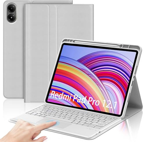 JADEMALL Clavier avec Touchpad pour Redmi Pad Pro 12.1 2024, AZERTY Français Clavier Bluetooth Magnétique Détachable avec Trackpad pour Tablette Xiaomi Redmi Pad Pro 12.1, Gris Clair
