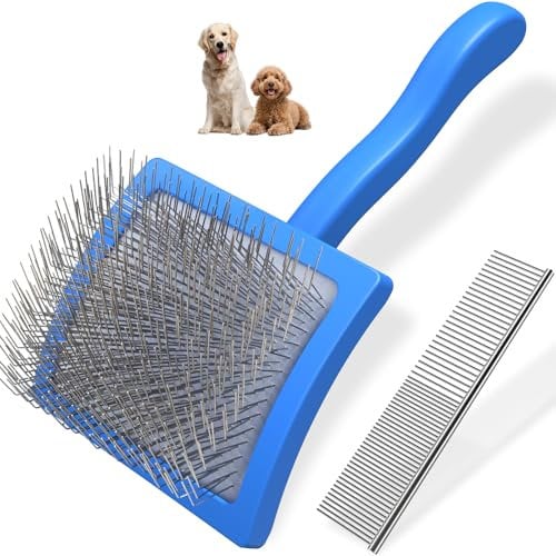 2 cepillos para perros y peines para mascotas, cepillo profesional de aseo para perros (Goldendoodles, caniches, labradoodles) con pasadores extralargos para eliminar eficazmente enredos, nudos y
