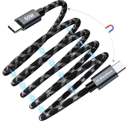 Elexlinco Magnetic USB C Charger Cable, 1M Retractable Coiled Fast Charging Cord, 60W USB C to Type C Charging Cable with Data Transfer Compatible with iPhone, Samsung Galaxy S24/A55, Macbook and More