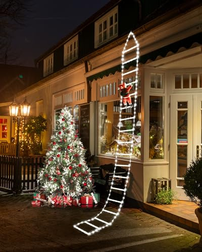 iShabao 9.8Ft Ladder Christmas Lights with Santa Claus - 338 LED Outdoor Christmas Lights Mains Powered with Timer, Memory Function, 8 Modes Ladder Lights for Indoor Outdoor Xmas Decor(White)