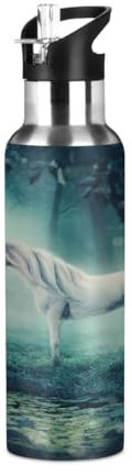 Mexpekil Bouteille d'eau blanche licorne dans la forêt avec paille isotherme en acier inoxydable pour enfants, filles, garçons, école, course à pied, 600 ml