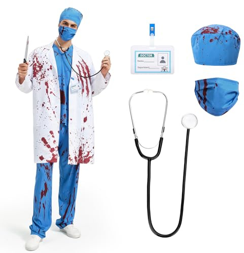 YOOHBERRYS Zombie Arzt Kostüm Herren, Halloween Doktor Kostüm Erwachsene-Gruselig, Blut Horror Chirurg Kostüm Set mit Kittel, Hose, Mütze, OP-Maske, Stethoskop, Fake Messer und Dienstausweis