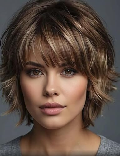 Dsimeig Damen Kurz Braun Schichten Bob Perücke natürlich aussehen Cosplay Kostüm synthetische Haar Perücke für Halloween Party