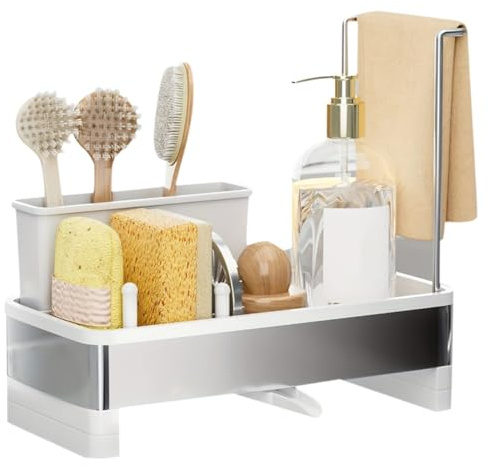Wzxksoac Multi-Functional Kitchen Bath Storage Box for Cleaning Supplies- Stainless Steel Sponge Rack with Drain for Towels Brushes White