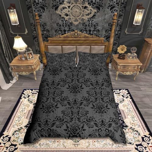 Homemissing Adults Gothic Duvet Cover Double Size Dark Olive Green Damask Print Bedding Set for Boys Girls Vintage Rose Comforter Cover Bedroom Decor 3Pcs