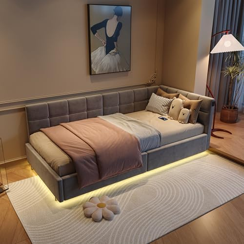 Polsterbett Schlafsofa 90x200, Tagesbett mit Led und Usb Sofabett mit Lattenrost ,Hydraulisches Stauraumbett Jugendbett 90x200 Kinderbett Multifunktionsbett,Samt,Ohne Matratze(Grau-A, 90x200cm)