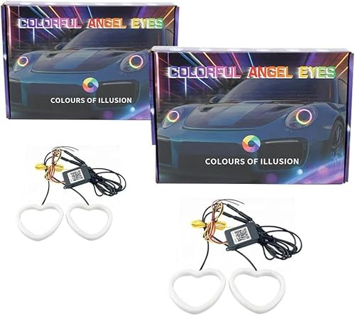 EONANT Mehrfarbiges RGB-Herz-förmiges Ringlicht 2,5 -3, Automobil-Scheinwerferdekoration - Bluetooth-App-Steuerung, geeignet für Auto-, Lkw- und Motorrad-Lichtmodifizierung und Dekoration (2PCS)