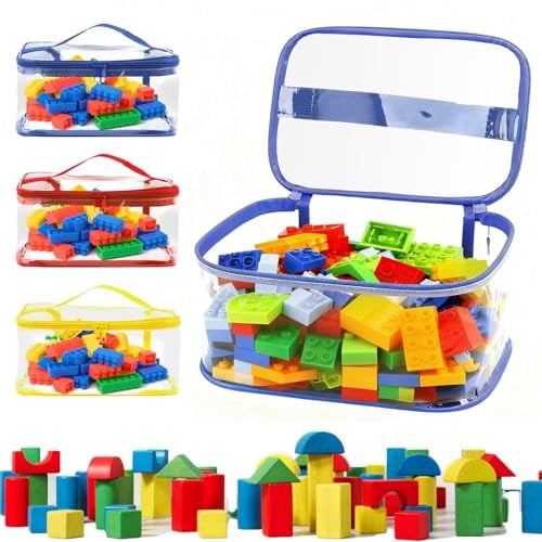 Honosen 3 Pcs Toy Storage Bags, Clear Toy Zipper Organiser Bags with Handle | PVC Waterproof Storage Bags, Reusable Bags for Building Blocks, Puzzle, Small Models, Board Games, 3 Colors