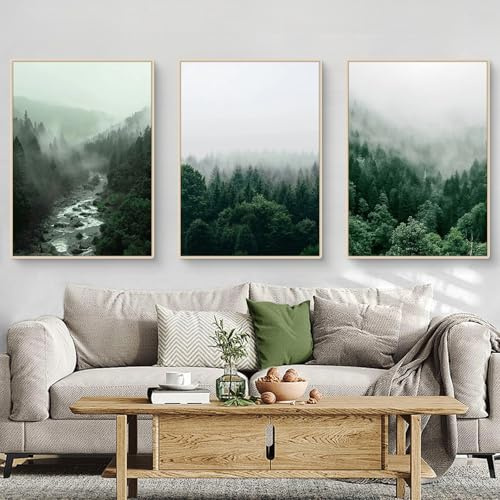 Uixxducc 3er Poster Set, Moderne Grün Wald Berge Nebel Natur Landschaft Bilder Poster & Kunstdrucke, Poster Wandbilder Wanddeko für Wohnzimmer & Schlafzimmer, ohne Rahmen (50x70cm,ABC)