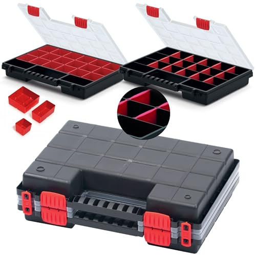 DIKEL Kistenberg Sortimentskasten mit Trennwänden und Insetboxen 34,5x25x10 cm - Mobile Schraubenbox und Kleinteilemagazin für Werkstatt - Sortierbox mit ergonomischem Griff - Schwarz/Rot