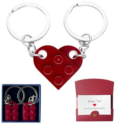 Cadeau Saint Valentin Couple, 2 Porte-Clés Cœur Style Brique avec Carte Avec toi la vie est plus belle Enveloppe et Coffret Cadeau, Idée Cadeau Romantique