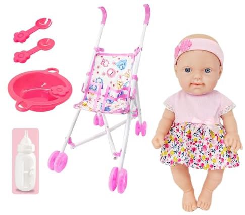 Simulated Stroller - 10 Inch Mini Trolley with Adjustable Handle, Vinyl Pram Toy with Bottle Feeding Set, Lightweight and Portable Design for U
