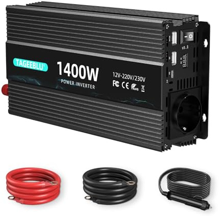 TAGEEBLU 1400W Wechselrichter 12V auf 230V, spannungswandler 12v 230v | mit 1 Steckdosen、Type-C 20W、USB-Schnellladung 20W、LED-Anzeige ﻿
