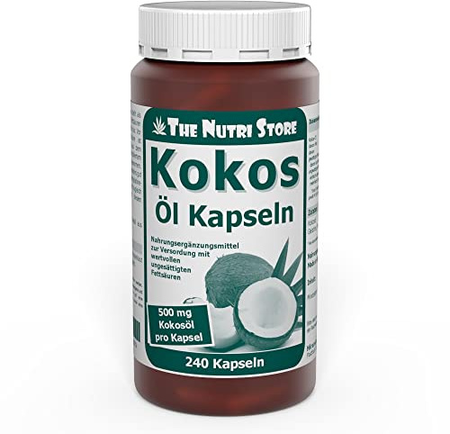Kokosöl 500 mg Kapseln 240 Stk. - 960 mg Laurinsäure pro Tagesdosis - 2 Monatsvorrat - The Nutri Store - Made in Germany