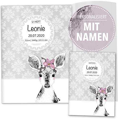 OLGS U-Heft und Impfpasshüllen 3-teiliges Set | Black & White Reh | Hüllen für den Untersuchungsheft und Impfpass | Geschenk für Kinder mit Namen - Uhefthülle, Impfpasshülle, personalisiert