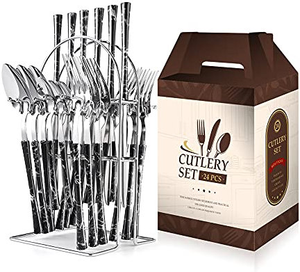 Akin Cutlery Set 24 Pieces 430 Stainless Steel Flatware Sets with Display Stand Knife, Fork and Spoon Silverware Set with Wooden Handle for Home Party Restaurant, Silver Black Stone Pattern