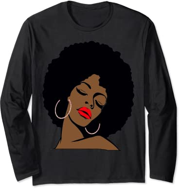 Black Girl Magic Afro Red Lips Rose Hoops Melanin Queen Long Sleeve T-Shirt