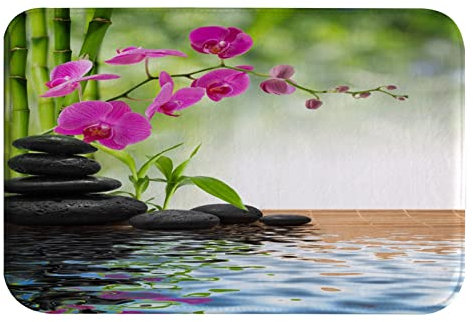 A.Monamour Rutschfest Saugfähig Badematte Grün Bambus Rosa Orchidee Blume Schwarz Spa Steine Wasser Zen Weich Flanell Badezimmerteppich Badteppich Badvorleger Badewanne Dusche Duschvorleger 40x120cm