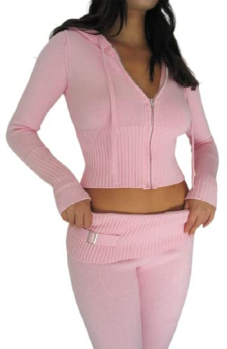 Damen Y2K Reißverschluss Up Strick Crop Hoodies Vintage Rib Strick -Kapuze -Sweatshirts mit Hose Kleidung Set 90er Streetwear (Rosa, M)