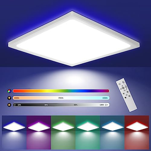 Glitzerlife LED Deckenlampe RGB Dimmbar - 28W Deckenleuchte Farbwechsel mit Fernbedienung Weiß Eckig LED Panel Flach Hintergrundbeleuchtung Ø30CM für Schlafzimmer Badezimmer Küche Flur