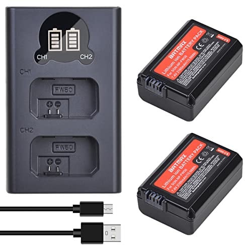 Batmax 2 Packs 2160mah NP-FW50 Batteries with Type C Charger Compatible with Sony A6000, A6500, A6300, A7s, a7, A7s ii, A7r, A7 ii, A5100, A5000, A3000, NEX 3/5/7 Series