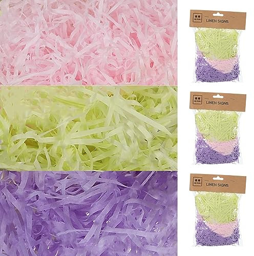 sourcing map Ostern Gras Korb Füllstoff Gras 3 Farbe (Grün Rosa Lila) Raffia Recycelbarer Papierschnipsel Füllstoff für Geschenk Verpackung Osterkorb Füllung und Party Dekoration- 3 Pack