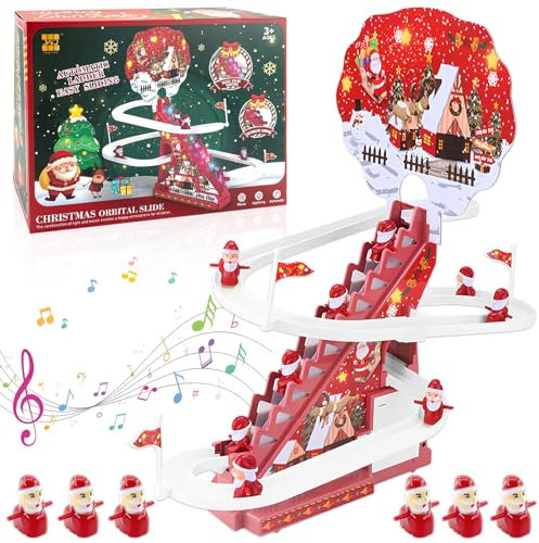 TOPJOWGA Weihnachten Elektrische Treppensteigen Spielzeug, Elektrisches Musik-Schiebespielzeug mit 6 Weihnachtsmann, Klettertreppen-Spielzeug, Weihnachten Pädagogisches Spielzeug ab 3 Jahre