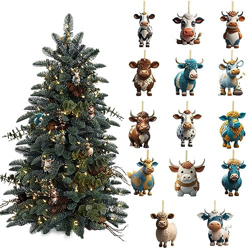 14 PCs Weihnachtskuh -Ornamente für Weihnachtsbaum -Weihnachtsbaum -Ornamente Cartoon Kuhhängedekorationen Acrylhänge Kuh Weihnachtsschmuck für Weihnachten Geschenke Fenster Auto Inneneinrichtung n