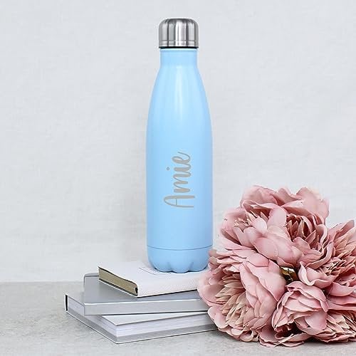 eBuyGB Personalised 500ml Insulated Stainless Steel Bottle, Girls Metal Water Bottle with Any Name, Coffee & Tea Vacuum Flask, 12 Hours Hot & 24 Hours Cold Drinks Bottle (Sky Blue)
