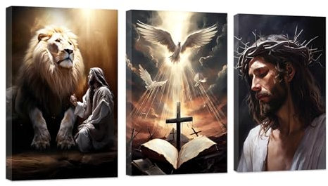 ZXHYWYM 3 teilige Jesus Leinwand Wanddekoration Taubenkreuz Bibel Jesus Wandbilder Jesus und Tier Kunstdruck christliches spirituelles Poster religiöse Heimwanddekoration mit Rahmen (A (28x35cmx3))
