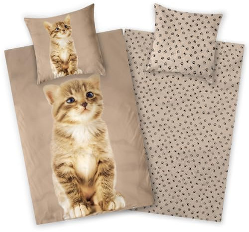Aminata kids - Katzen Bettwäsche 135x200 Biber Winter - Katzenmotiv - Kinder-Bettwäsche warm - weich - kuschelig - braun mit Pfoten