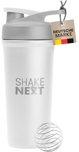 ShakeNext® Botella de acero inoxidable con Mixball de 700 ml, agitador de fitness y coctelera de proteínas con cierre a presión a prueba de fugas, diseño patentado (blanco)