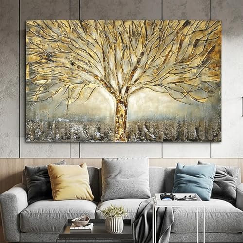 LSYALUCK Affiche et impressions sur toile représentant l'arbre de vie doré, art abstrait, art mural moderne pour la décoration de la maison, du salon, cadre intérieur 30 x 55 cm (12 x 22 pouces)