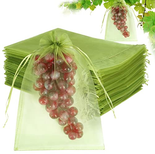 HRX Package 50Pcs Reusable Fruit Protection Bags, 20x30cm Grape Netting Bags with Drawstring Plant Protect Bag Garden Fruit, Nylon Anti-mosquito (Olive Green)