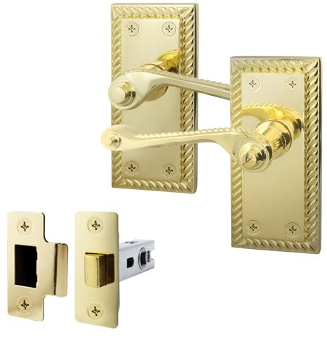 EAI Polished Brass Georgian Scroll Door Handle Latch Set - 1 Pair Internal Lever Latch Handles & Latch (64mm) - Rope Design