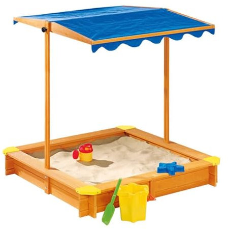 Large Wooden Sandbox with Lid and Adjustable Canopy Funnel Drawing Board Outdoor Sand Pit for Beach and Patio