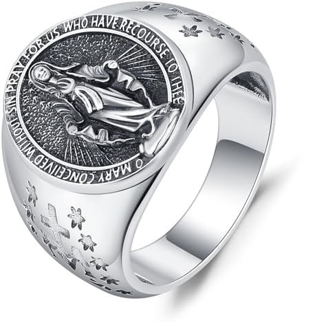 Jungfrau Maria Ring 925 Sterling Silber Religiöser Ring Herren Ringe Schmuck Signet Ring Geschenke für Familie, Liebste und Freunde