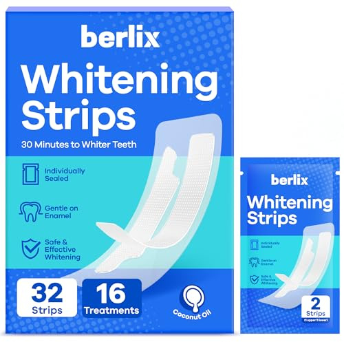 Berlix Teeth Whitening Strips (16 Treatments, 32 Count), Enamel Safe for Teeth Whitener, Whitening Strips with Coconut Oil, Formulated to Be Gentle & Non Slip and Quick-Dry, Stains Removal