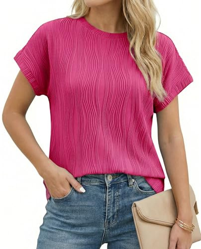 Enmain Ladies Tops Cap Sleeve Summer Crew Neck Stretch Non-Iron Short Sleeve Casual T-Shirt Blouse Textured Solid Tee Shirts Going Out Work Evening Basic Tops for Women