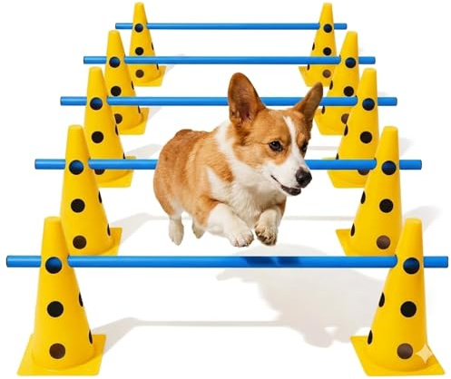 mioule Agility Set Hunde mit 6 Hürden, Cavaletti Hund Trainingsset, 12 Verstellbare Stangen & 12 Pylonen, Hundetraining Zubehör für Hunde Agility, Hobby Horse & Kinder Parcours