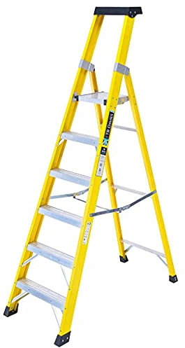 TB Davies 1236-006 Trade Electrician Platform Step Ladders, 6 Tread, Platform Height 1.4m, GRP Fibreglass, Built-in Tool Tray, 150kg Work Load, EN131