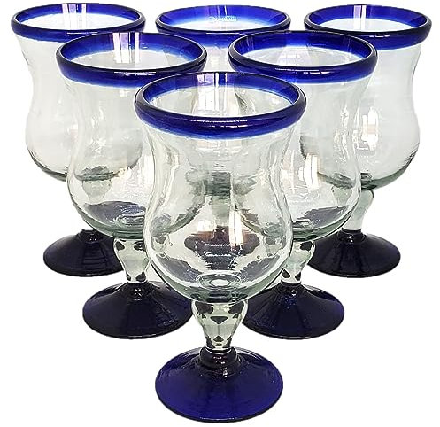 MexHandcraft Kurvige Wasserkelche mit kobaltblauem Rand, 325 ml, recyceltes Glas, bleifrei, giftfrei, 325 ml, 6 Stück