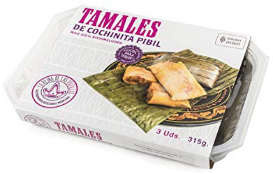 La Reina de las Tortillas - Líder europeo en gastronomía artesanal mexicana - Tamales de cochinita pibil. Listos servir. Maíz 100% nixtamilizado. Aptos para Celiacos. Bandeja de 3 unidades