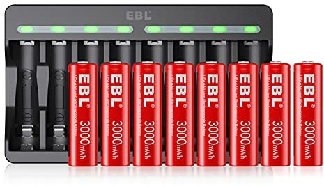 EBL 8 pcs AA Batterie Ricaricabili Durature, 1,5V Pile Ricaricabili da 3000mWh + Caricabatterie a 8 Slot