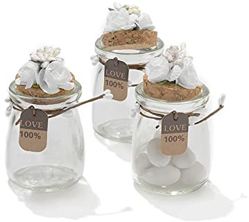 C.X.Y. 20 Pezzi Barattolo Vetro Con Tappo In Sughero Porta confetti Bomboniera Incluso Decorazione Fatto A Mano Fiore pistilli Etichetta Tema Naturale (BIANCO)