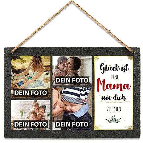 PR Print Royal Schieferplatte selbst gestalten - mit 4 Fotos Bedrucken - Glück ist eine Mama wie Dich zu haben - Geschenk Muttertag, Geburtstag, Weihnachten, Schiefertafel zum Aufhängen, 20 x 30 cm