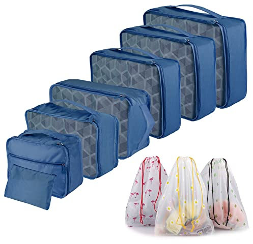 Sciphylia Organisateur Valise Lot de 10 Organisateur de Voyage de Rangement Imperméables Pochettes de Rangement pour Vêtements Chaussures Sous-vêtements Cosmétiques Sacs pour Femmes Hommes Bleu Marine