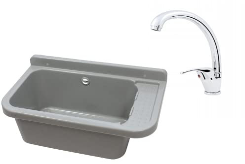 Waschbecken Ausgussbecken 50 cm x 34 cm x 21 cm Spülbecken Waschtrog mit Überlauf Waschbecken für Gewerbe Waschraum Garten Seifenspender Armatur Atut inkl. Ablaufgranitur